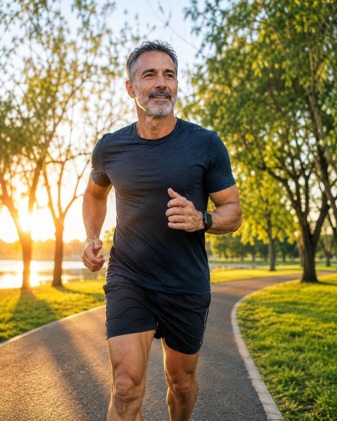 Mature man jogging outdoors in a park at sunset Mature man jogging outdoors in a park at sunset