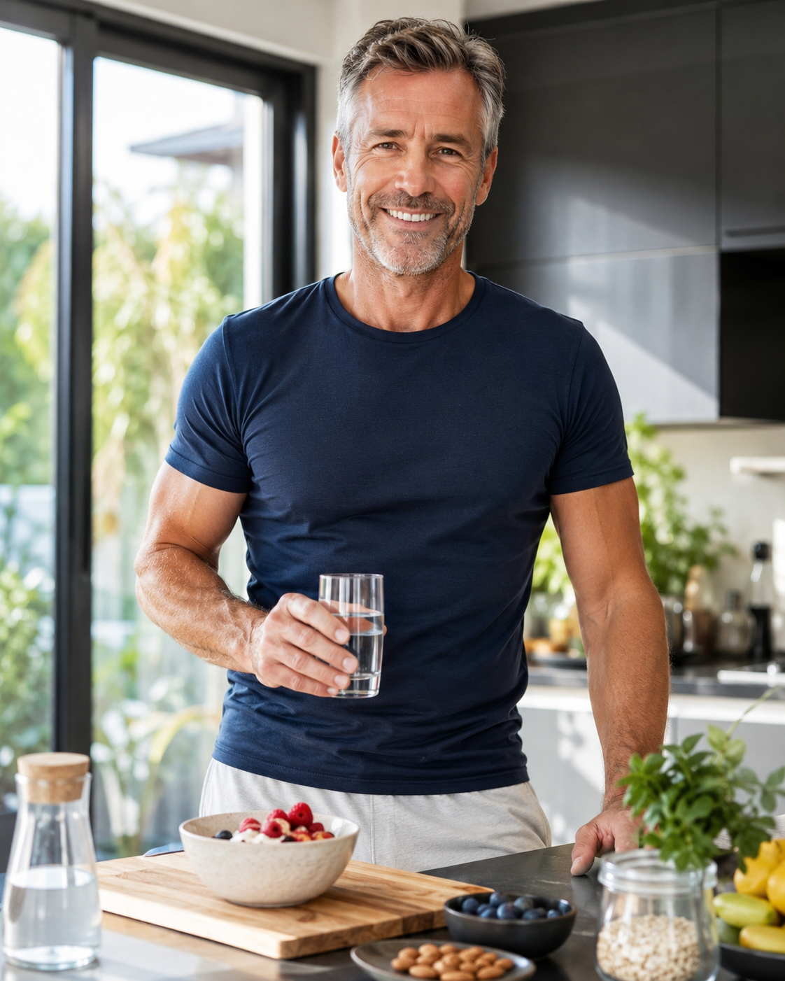 Healthy mature man holding a glass of water in a bright kitchen Healthy mature man holding a glass of water in a bright kitchen